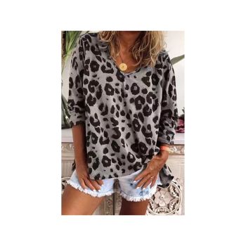 Azura Exchange Leopard Print V Neck Long Sleeve Top - L