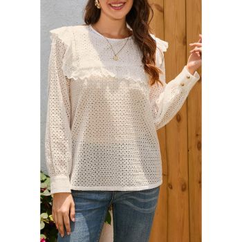 Azura Exchange Hollowed Long Sleeve Round Neck Ruffled Blouse - L