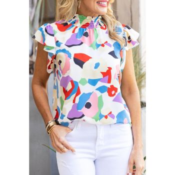 Azura Exchange Abstract Print Ruffle Sleeve Smocked Blouse - M