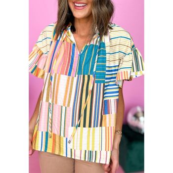 Azura Exchange Striped Ruffle Short Sleeve Blouse - L