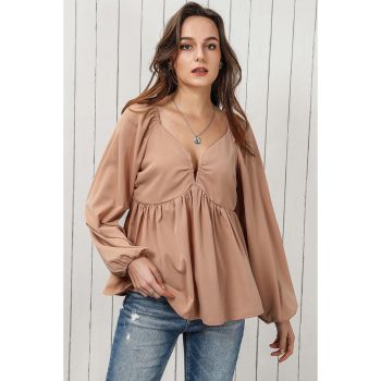 Azura Exchange Notched V-Neck Smocked Back Peplum Blouse - L