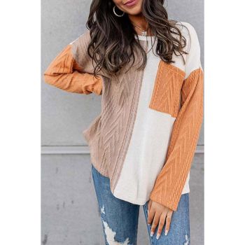 Azura Exchange Textured Knit Top with Colorblock Chest Pocket - L