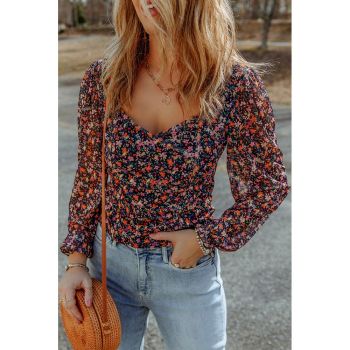 Azura Exchange V Neck Bubble Sleeve Floral Blouse - 2XL