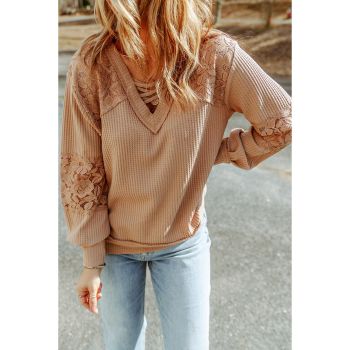 Azura Exchange Lace Waffle Patchwork Strappy V Neck Long Sleeve Top - L