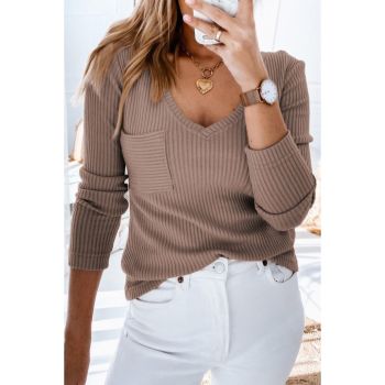 Azura Exchange Ribbed Knit Patched V Neck Top - L