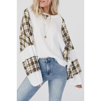 Azura Exchange Plaid Waffle Knit Bubble Sleeve Top - L