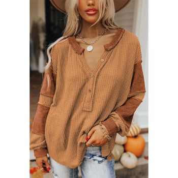 Azura Exchange Contrast Patched Waffle Knit Henley Top - L