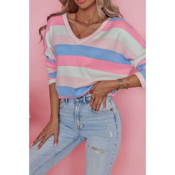 Azura Exchange Striped V Neck Long Sleeve Top - L