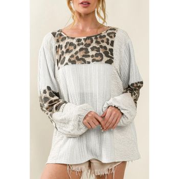 Azura Exchange Leopard Patch Puff Sleeve Textured Blouse - L