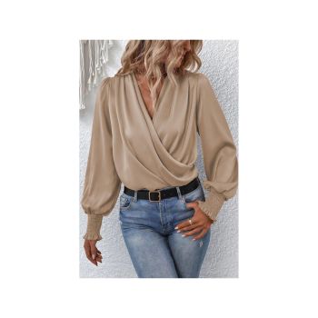 Azura Exchange Draped Surplice Neck Khaki Blouse - L