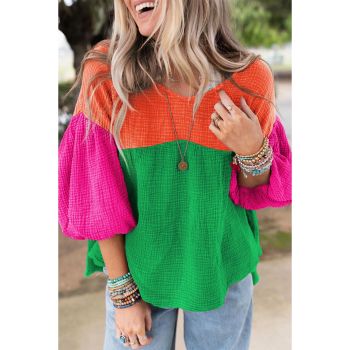 Azura Exchange Crinkle Bubble Sleeve Color Block Blouse - L