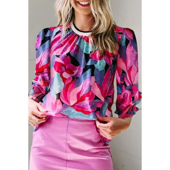 Azura Exchange Floral Print Ruched Sleeve Puff Sleeve Blouse - L