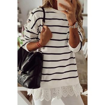 Azura Exchange Striped Button Dropped Shoulder Lace Splicing Top - L