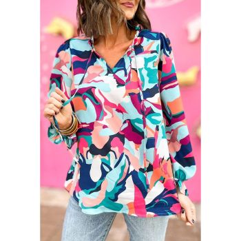 Azura Exchange Abstract Print Frill V Neck Long Sleeve Blouse - M