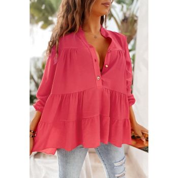 Azura Exchange Half Buttoned Ruffle Tiered Long Sleeve Blouse - L