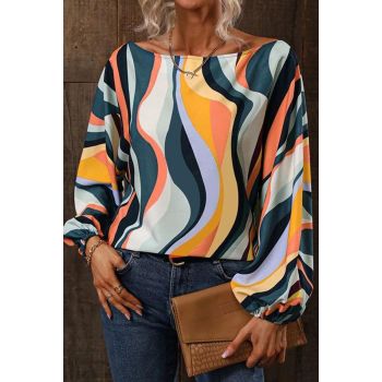 Azura Exchange Wavy Striped Boat Neck Puff Sleeve Blouse - M