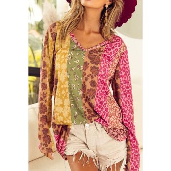 Azura Exchange Floral Leopard Mixed Print V Neck Long Sleeve Tee - L