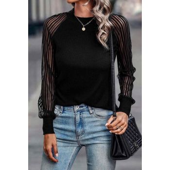 Azura Exchange Striped Mesh Long Sleeve Crewneck Ribbed Top - M