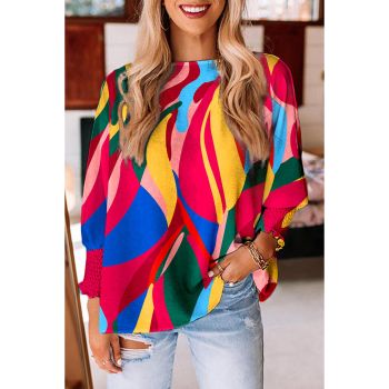 Azura Exchange Abstract Print Smocked Puff Sleeve Blouse - M