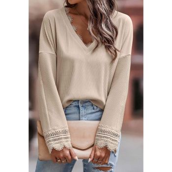 Azura Exchange Lace Trim V Neck Long Sleeve Top - M