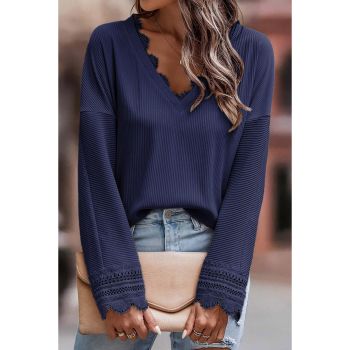 Azura Exchange Ribbed Texture V Neck Long Sleeve Top - L