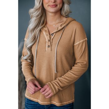 Azura Exchange Khaki Waffle Knit Henley Hooded Top - L