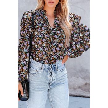 Azura Exchange Floral Print Ruffled Bubble Sleeve Shirt - L