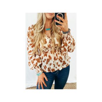 Azura Exchange Leopard Jacquard Puff Sleeve Peplum Blouse - L