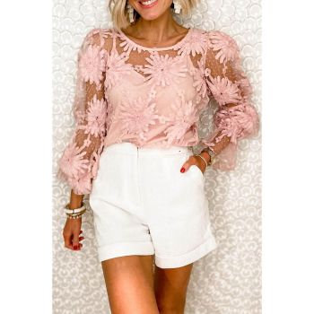 Azura Exchange Mesh Top with Ruffled Sleeves and Floral Detailing - L