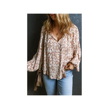 Azura Exchange Western Print Balloon Sleeve Tassel Blouse - L