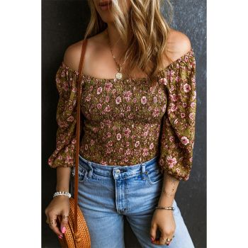 Azura Exchange Floral Print Shirred Off Shoulder Blouse - L