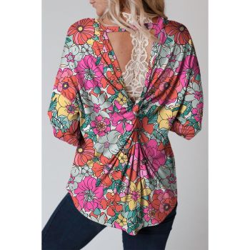 Azura Exchange Floral Long Sleeve Top with Twisted Hollow-out Back - L