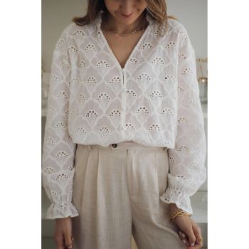 Azura Exchange Exaggerated Silhouette White Lace Blouse with Hollow Outs - L