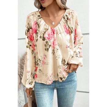 Azura Exchange Floral Print V-Neck Lantern Sleeve Blouse - 2XL