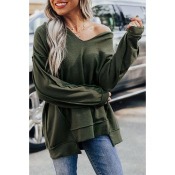 Azura Exchange Exquisite Green Long Sleeve Top with Split Neck and Exposed Seam Detail - L