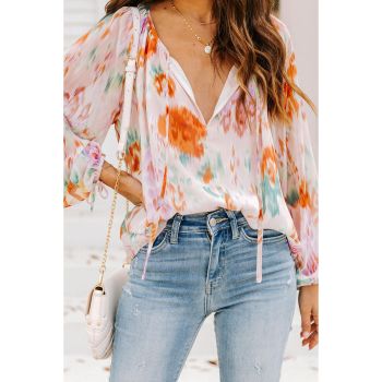 Azura Exchange Abstract Print Split Neck Puff Sleeve Blouse - L