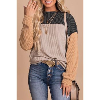 Azura Exchange Color Block Long Sleeve Ribbed Loose Top - L