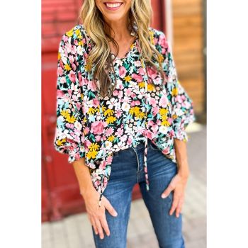 Azura Exchange Floral Notched V-Neck Puff Sleeve Blouse - L