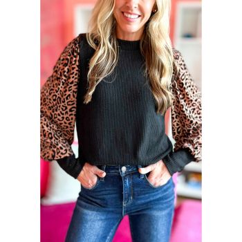 Azura Exchange Leopard Print Long Sleeve Ribbed Knit Blouse - L