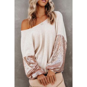 Azura Exchange Apricot Sequin Patchwork Sleeve Waffle Knit Top - XL