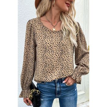 Azura Exchange Leopard Print Ruffle Puff Sleeves Blouse - L