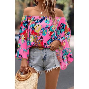 Azura Exchange Abstract Floral Print Off-shoulder Bell Sleeve Blouse - M