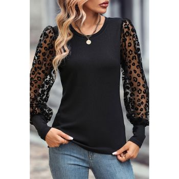 Azura Exchange Leopard Patchwork Mesh Puff Sleeve Top - 2XL