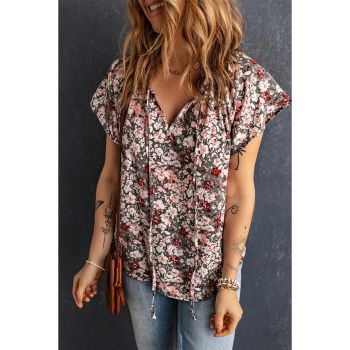 Azura Exchange Printed V-neck Flutter Sleeve Blouse - 2XL