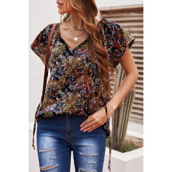 Azura Exchange Printed V-neck Flutter Sleeve Blouse - M