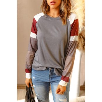 Azura Exchange Gray Color Block Long Sleeve Pullover Top - M