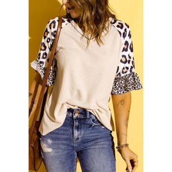 Azura Exchange Leopard Ruffle Sleeve Waffle Knit Top - 2XL