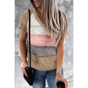 Azura Exchange Stripe Print Knitted V Neck Top - L