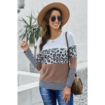 Azura Exchange Leopard Splicing Colorblock Long Sleeve Top - 2XL