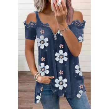 Azura Exchange Floral Print Lace Contrast Cold Shoulder T-Shirt - 3XL